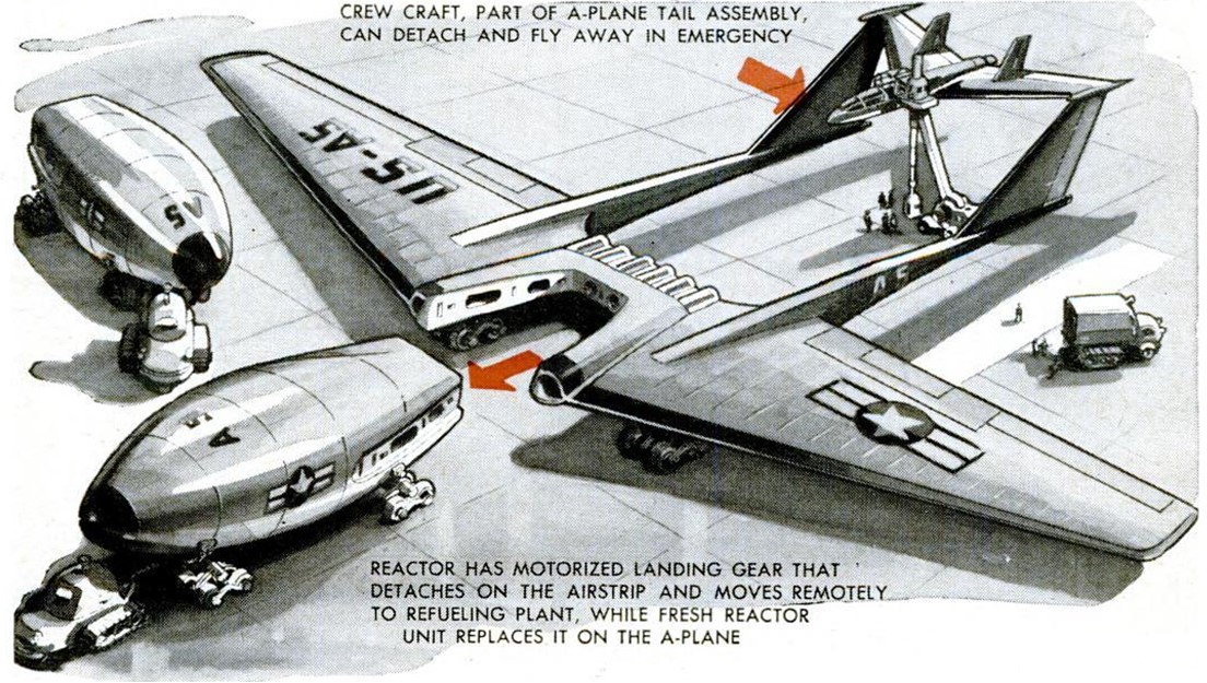 Rys. Projekt samolotu nuklearnego z czasów zimnej wojny. Obejmował on odłączane moduły reaktorów, które można było wymieniać w razie potrzeby. W zamyśle tego artysty piloci znajdowali się w części tworzącej część ogona, którą w nagłych przypadkach można było odczepić, źródło: Popular Mechanics Magazine, kwiecień 1957 r.
