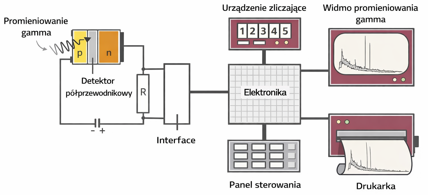Uproszczony schemat konfiguracji eksperymentalnej z detektorem półprzewodnikowym do analizy promieniowania gamma i identyfikacji izotopów promieniotwórczych
